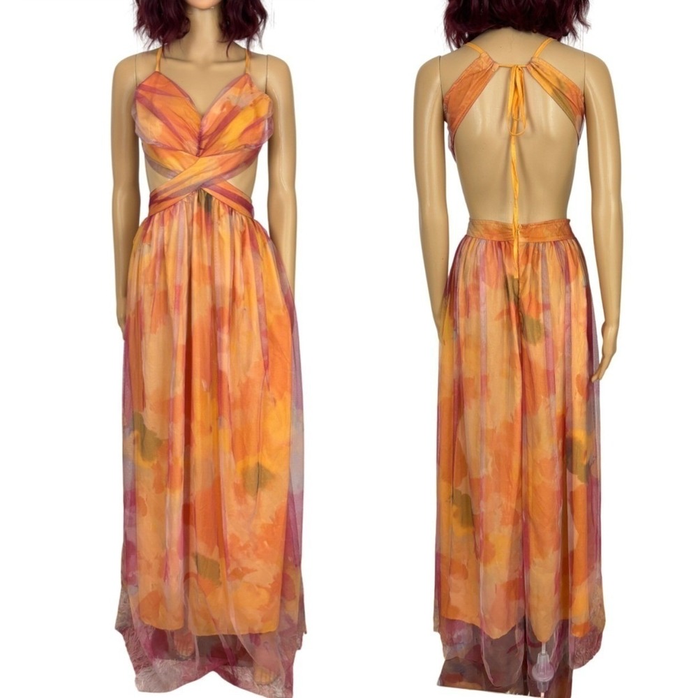 Watercolor Tulle Maxi Dress Orange Pink Sunset Vacation Mesh Cutout Beach LARGE